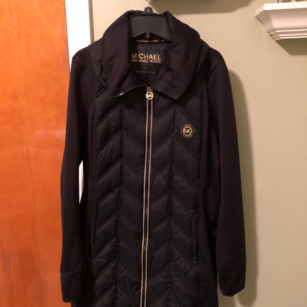 MICHAEL Michael Kors Black Quilted Long Puffer Coat with Gold Trim